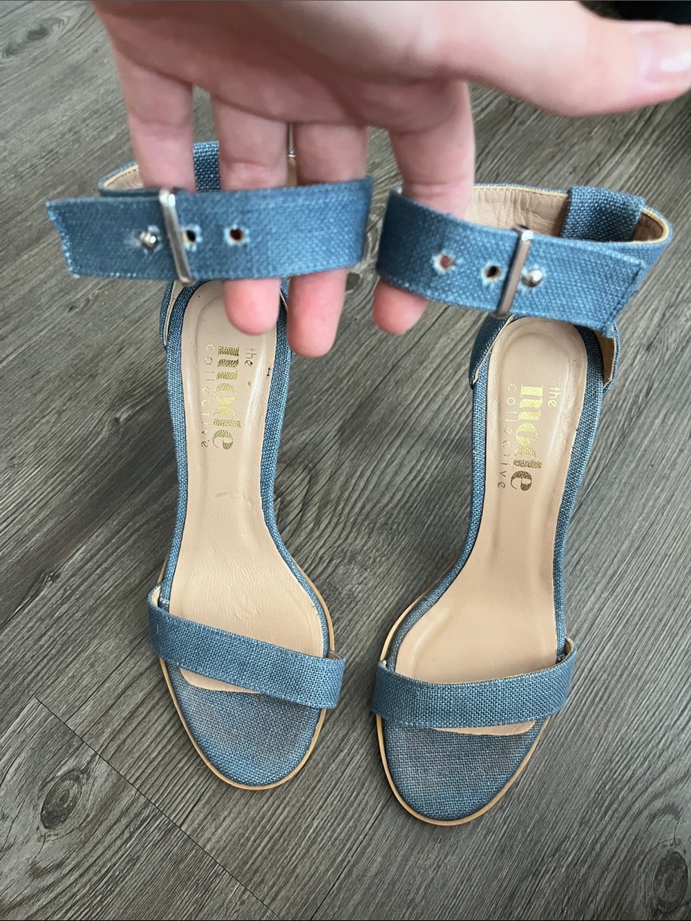 THE MODE COLLECTIVE Denim-Linen Ankle-Strap Heel Sandals